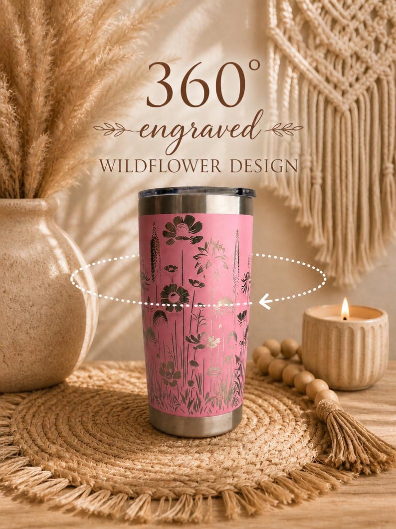 Engraved Wildflower Tumbler Pink Insulated Stainless Steel Travel Mug Botanical Meadow Design Handmade Floral Drinkware Plant Enthusiast Gift Nature Themed Pattern Feminine Girly Style Keeps Beverages Hot Cold Double Wall Vacuum Insulation