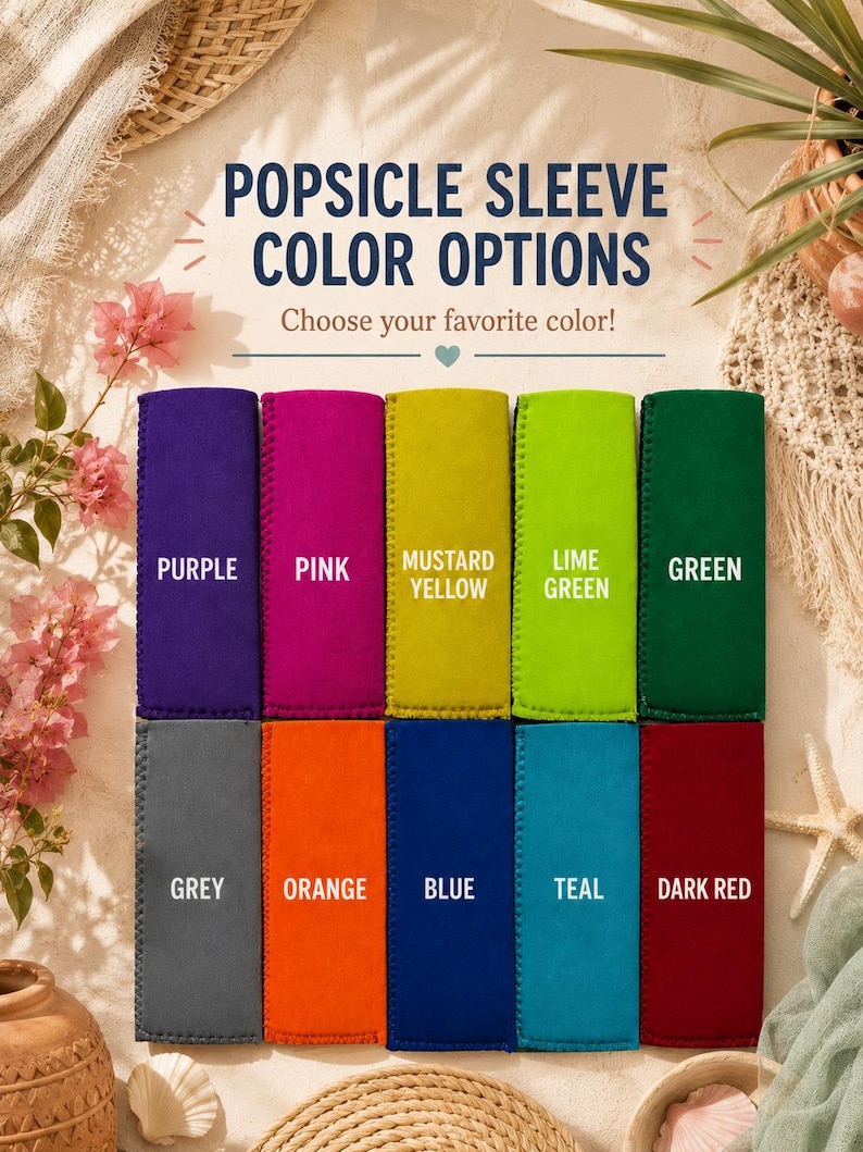 May include: A collection of ten rectangular popsicle sleeves arranged in two rows. The colors include purple, pink, mustard yellow, lime green, green, grey, orange, blue, teal, and dark red. The text reads POPSICLE SLEEVE COLOR OPTIONS.