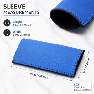 May include: A bright blue protective sleeve with black stitched edges. The text SLEEVE MEASUREMENTS is visible with icons indicating a length of 5.85 inches and a width of 2.34 inches. A box labeled SIZE shows dimensions of 5.85 inches by 2.34 inches.