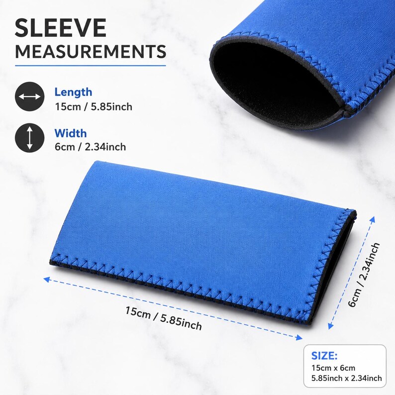 May include: A bright blue protective sleeve with black stitched edges. The text SLEEVE MEASUREMENTS is visible with icons indicating a length of 5.85 inches and a width of 2.34 inches. A box labeled SIZE shows dimensions of 5.85 inches by 2.34 inches.