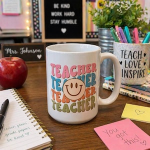 Teacher Coffee Mug Handmade Ceramic Retro Smiley Groovy Happy Face Seventies Vintage Pattern Colorful Cheerful Educator Appreciation