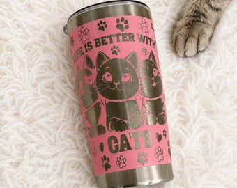 Cat Mama Laser Engraved Travel Mug, Fur Mama Drinkware, Pink Insulated Coffee Cup, Pet Owner Birthday Present, Unique Feline Adoption Gift