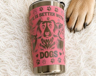 Dog Mom Laser Engraved Tumbler, Pink 20oz Insulated Steel Travel Mug, Paw Print Drinkware, Puppy Owner Birthday Present, Pooch Accessory