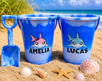 Personalized Beach Bucket Shark Sand Pail Custom Toddler Toy Summer Gift Boy and Girl Name Custom Vinyl Ocean Themed Child Vacation Keepsake