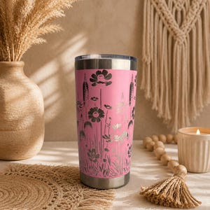 Stainless Steel Insulated Tumbler Pink Exterior Engraved Botanical Wildflower Meadow Design Nature Themed Travel Mug Drinkware Plant Lover Gift Handmade Floral Pattern Feminine Girly Style Keeps Drinks Hot Cold Hours Double Wall