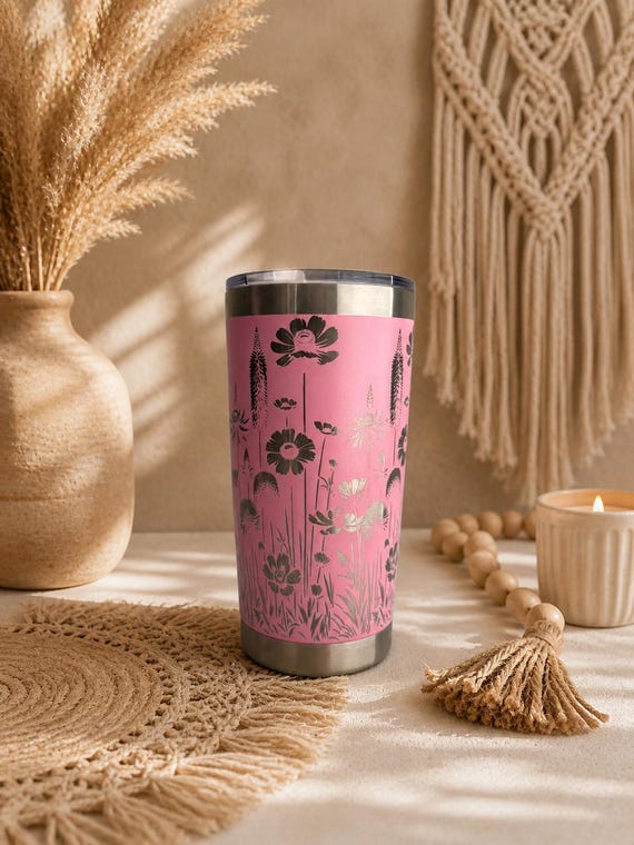 Pink Insulated Tumbler Stainless Steel Engraved Wildflower Travel Mug Botanical Drinkware Plant Enthusiast Gardener Gift Handmade Floral