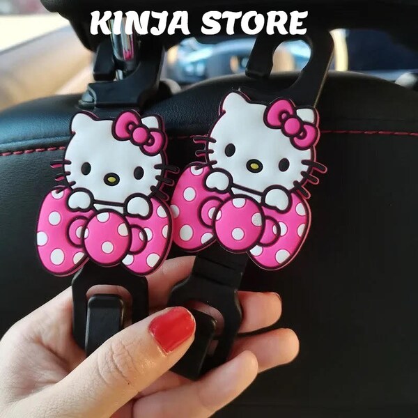 Hello Kitty Car Headrest Hook - Back Seat Organizer Universal Hanger Bag Holder Cute Vehicle Accessories - Gift for Hello Kitty Fans