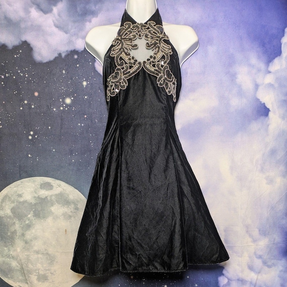 Vintage Black Velvet Beaded Halter Dress Goth Glam Party Cocktail XS Zum Zum 90s
