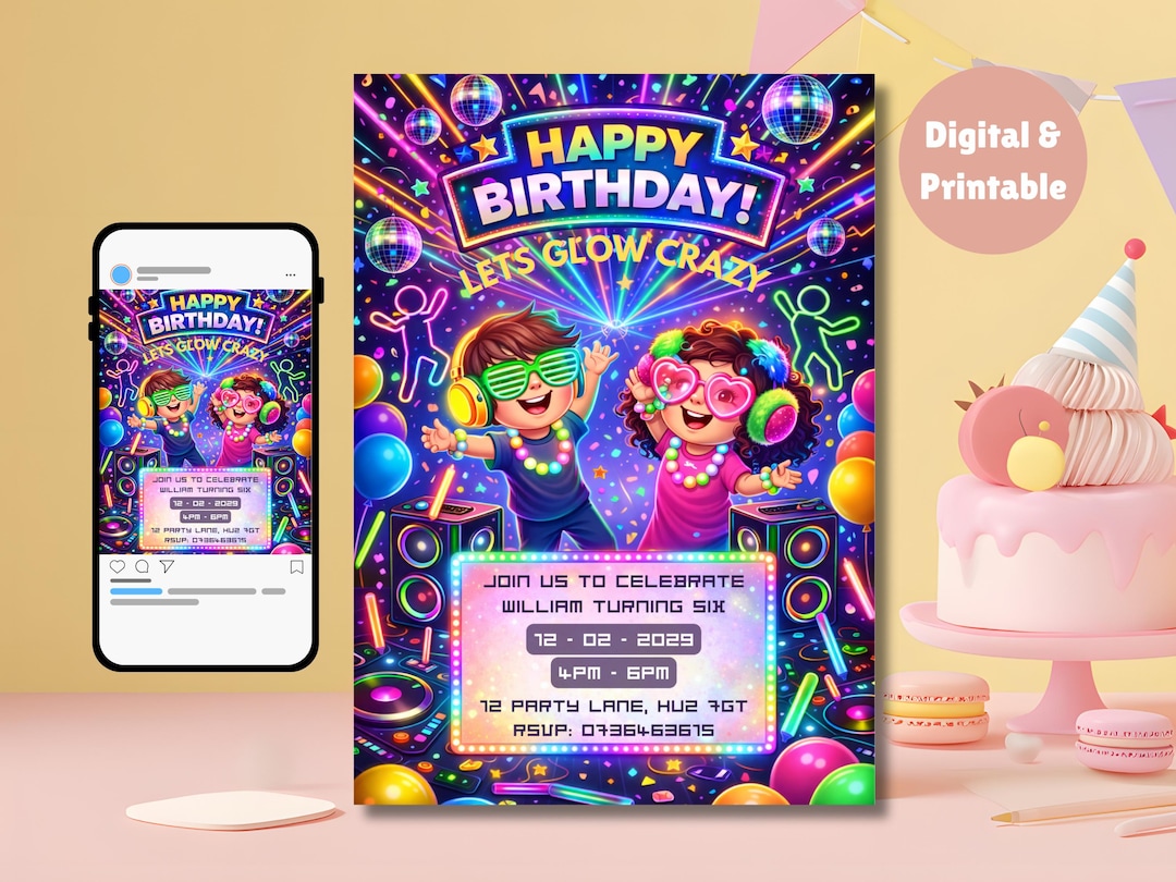 Kids Rave Invite Rave Disco Birthday Invitation – Glow Party, Editable 5x7 (digital ...