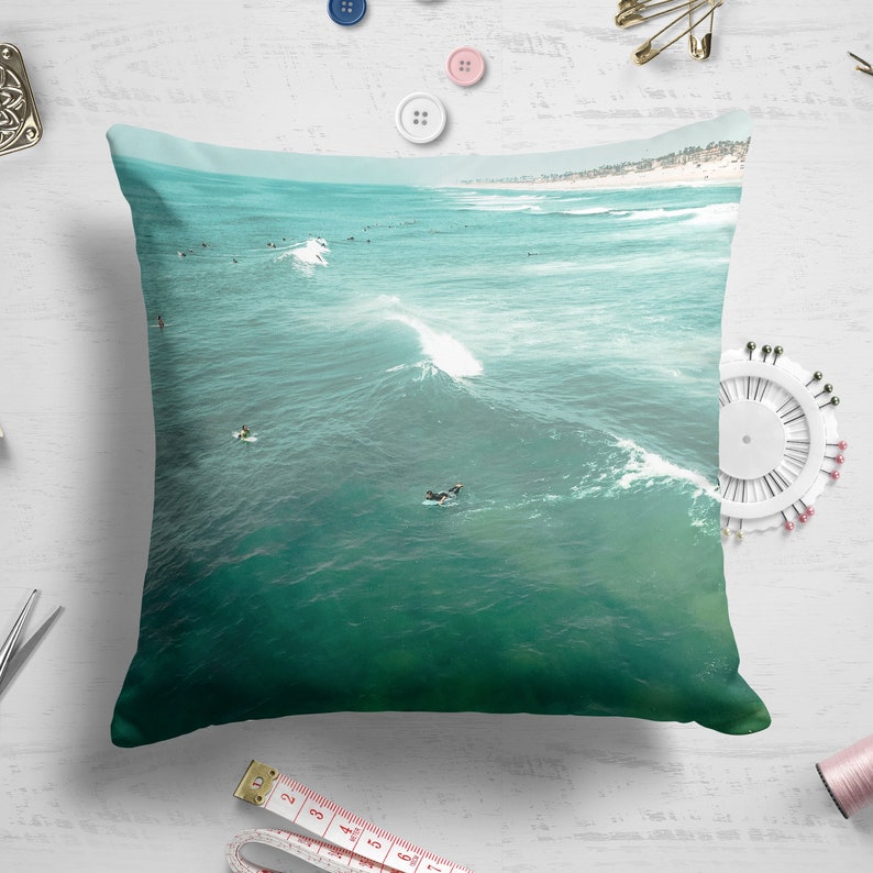 Aesthetic Art Colorful Newport Beach California Ocean Waves Surfer Sea Design 14x14 16x16 18x18 20x20 Inch Sets THROW PILLOW Surfing Teal