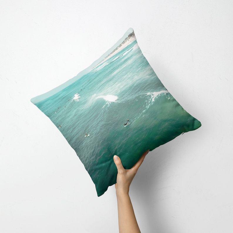 Aesthetic Art Colorful Newport Beach California Ocean Waves Surfer Sea Design 14x14 16x16 18x18 20x20 Inch Sets THROW PILLOW Surfing Teal