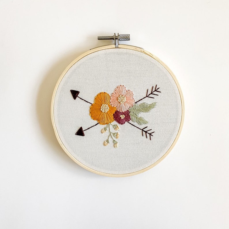 Floral and Arrows Hand Embroidered 5.5 hoop image 1