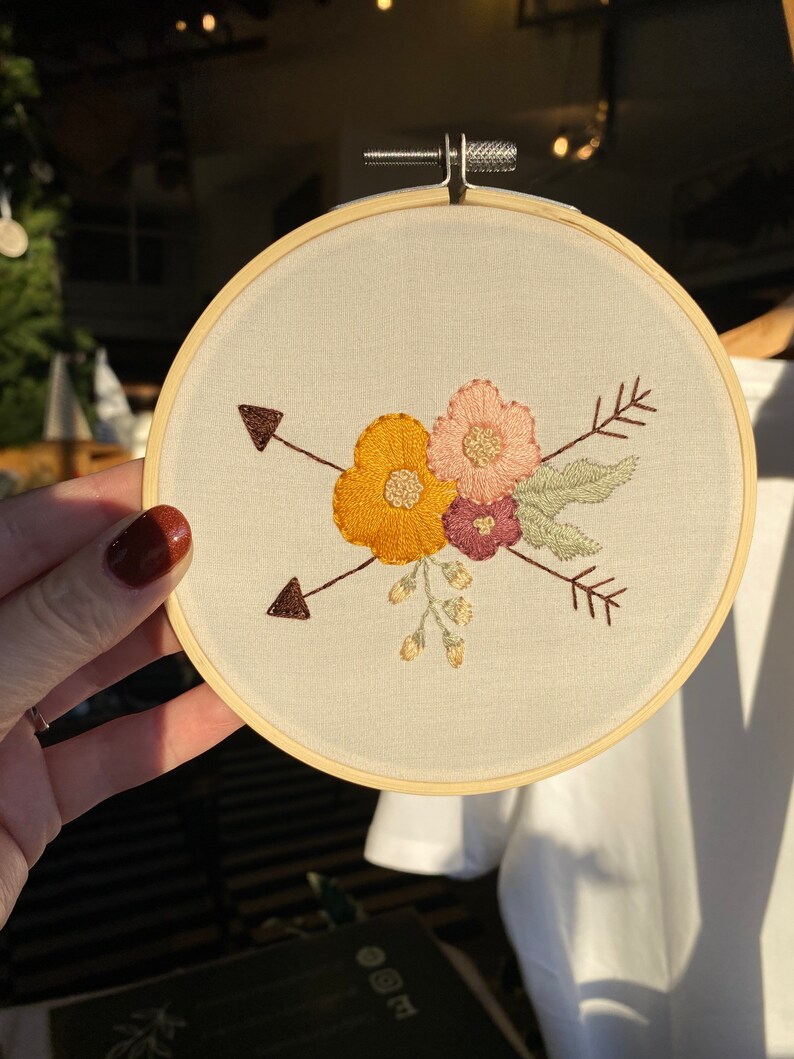Floral and Arrows Hand Embroidered 5.5 hoop image 3