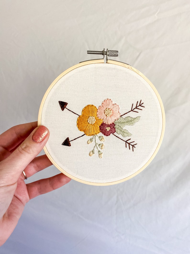 Floral and Arrows Hand Embroidered 5.5 hoop image 2