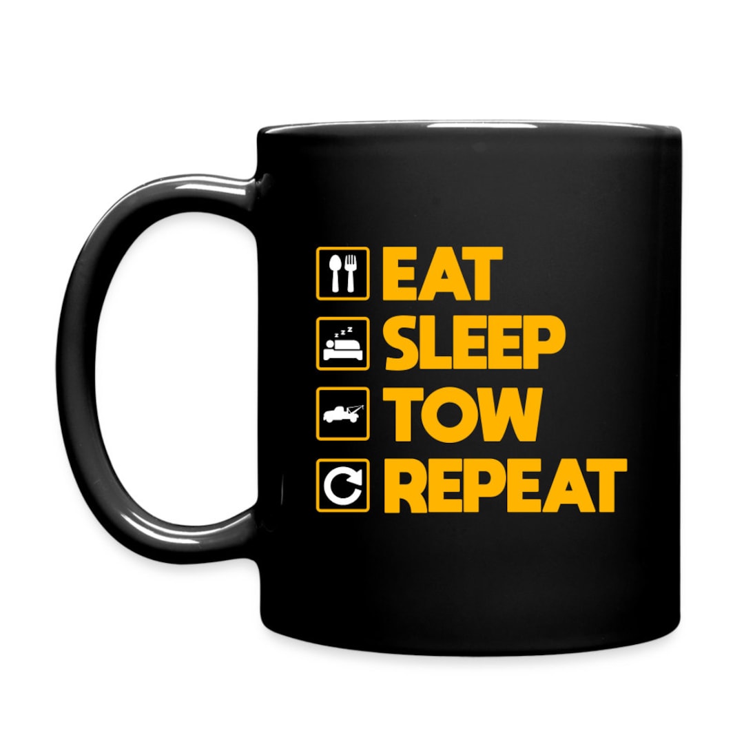 Eat Sleep Tow Repeat Black Mug, Tow Truck Gift, Black 11oz Mug, Co