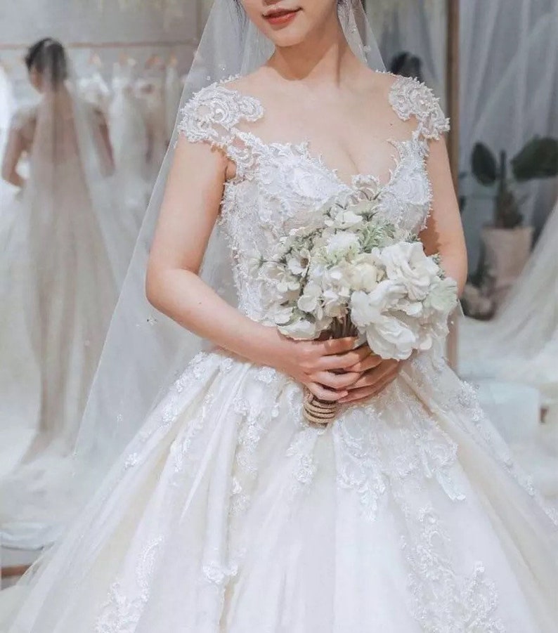Wedding Dress JASMINE A-Line Lace Applique Short Sleeve Button Bride Dress Cathedral Train Bridal Gown Plus Size image 8