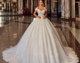 Wedding Dress ALEGRA V-Neckline Off the Shoulder Lace Up A-line Chapel Train Bridal Gowns