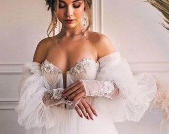 Wedding Dress LOLITA Beach Wedding Dresses Off the Shoulder detachable Long Sleeves Sweetheart Crumpled Tulle A-Line Bridal Gowns