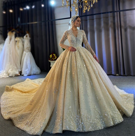 OSTTY - Luxury White Wedding Dress Long Sleeve Full Beading Ball Gown  $1,299.99