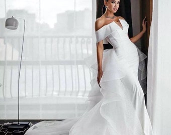 Mermaid Wedding Dress ILONA With Detachable Skirt Off The Shoulder Satin Bridal Gowns