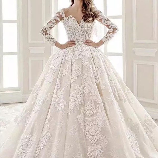 Wedding Dress SOFIA Beading Pearls Appliques Lace Illusion Princess Ball Gown Wedding Dress With Long Sleeve