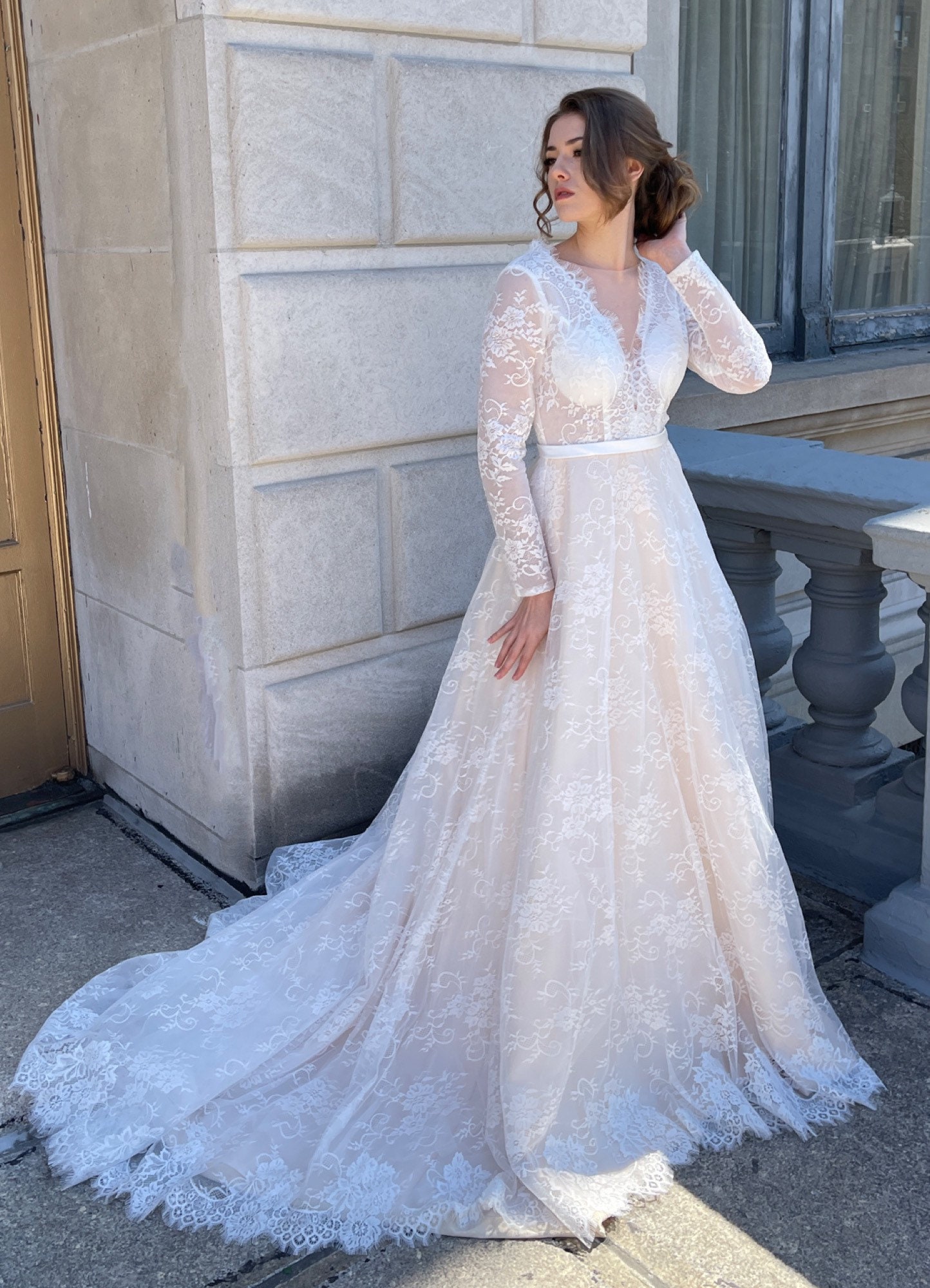 Boho Wedding Dress LILIA Full Lace Bohemian Long Sleeve V Neck | Etsy