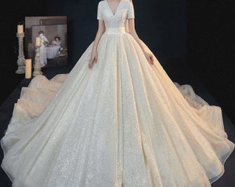 Wedding Dress VERONIKA All Over Full Pearls Shiny Ball Gown With Chapel Train V-neck Lace Up Short Sleeve