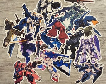 May include: A collection of colorful anime robot stickers featuring various poses and designs. The stickers are printed on a white background and feature a variety of colors, including red, blue, green, yellow, and black.