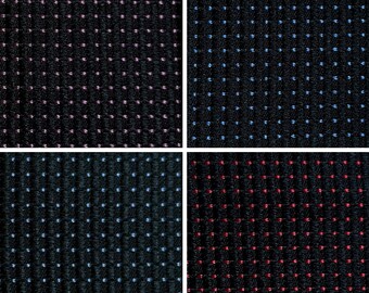 May include: Four fabric swatches with a black background and a grid pattern. The swatches have different colored threads: pink, blue, red, and blue.