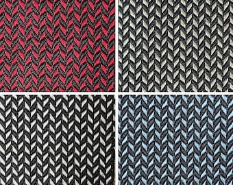 May include: Four fabric swatches with a herringbone pattern. The swatches are red and black, gray and white, black and white, and blue and black.
