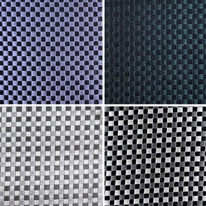 May include: Four fabric swatches with a checkered pattern. The swatches are in shades of purple, green, gray, and black.
