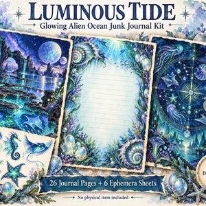 May include: A Luminous Tide Glowing Alien Ocean Junk Journal Kit featuring 26 journal pages and 6 ephemera sheets. The digital download includes illustrations of bioluminescent sea life, coral reefs, celestial maps, and underwater landscapes.