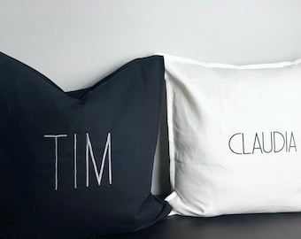 Cushion personalized name embroidered minimalist black gray white