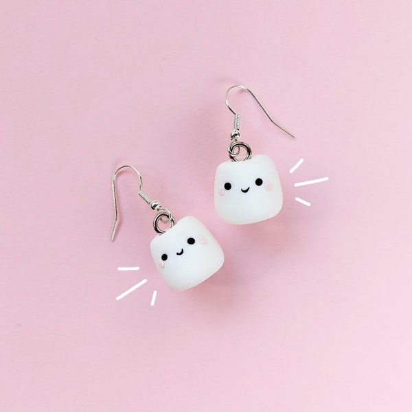 Pendientes Kawaii Marshmallow, Joyería de arcilla polimérica, Lindo, Kawaii, Joyería hecha a mano, regalo, Novedad, Relleno de medias, Dulces, Comida en miniatura