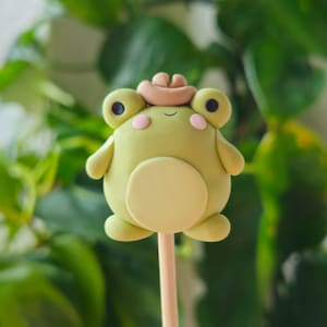 May include: A green frog with a brown hat on a wooden stick. The frog has pink cheeks and black eyes.