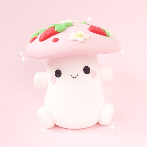 Strawberry Mushroom Figurine, Toadstool Sculpture, Cute, Kawaii, Cottagecore, Home Garden Decor, Handmade Gift, Clay, Ceramic, Desk Buddy