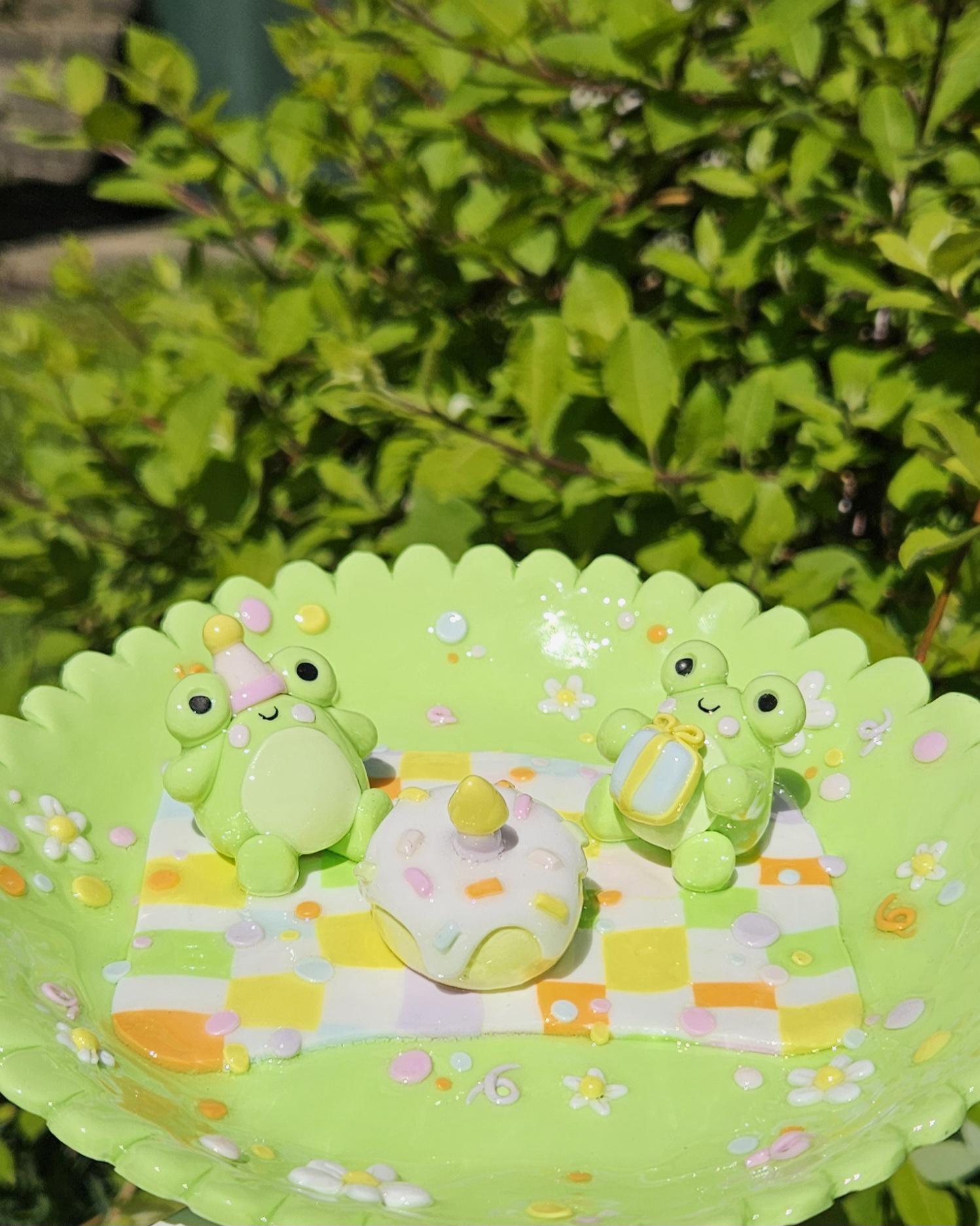 Birthday Party Frog Trinket Dish – Handmade Clay Ring Tray, Jewellery Holder, Limited Edition, Small Batch