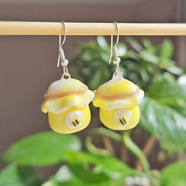 Honey Pot Earrings – Handmade Polymer Clay Earrings, Cute Kawaii Jewellery Gift, Huggie Hoops or Fishhook