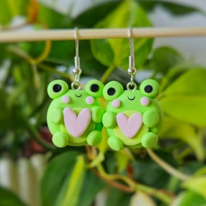 Heart Frog Earrings, Handmade Polymer Clay Jewellery, Fishhook, Huggie Hoops