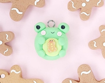 Frosch mit Lebkuchen Schlüsselanhänger, Schlüsselanhänger, handgemacht, Charm, niedlich, Strumpffüller, Geschenk, Weihnachten, Feiertage, Polymer Clay, Saisonal, Geschenk