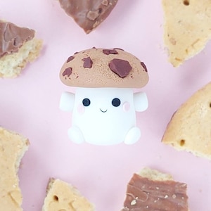 May include: A cute, white marshmallow mushroom with a brown chocolate chip cookie cap. The mushroom has a happy face and pink cheeks. The mushroom is surrounded by chocolate chip cookies.