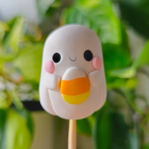 Ghost With CandyCorn, Keychain, Charm, Plant Pot Accessory, Figurine, Sculpture, Trinket, Handmade Clay Gift