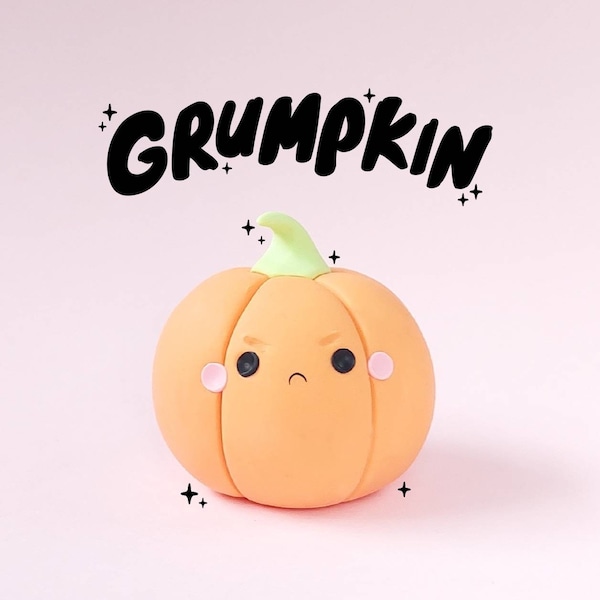 Grumpy pumpkin sculpture, Handsculpted grumpkin figurine, cute, Polymer clay, Halloween, Fall, Autumn, Spooky Season, Thanksgiving, Scary