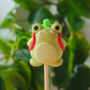 Könnte beinhalten: Ein grüner Frosch mit einem roten Rucksack auf einem Holzstab. Der Frosch hat große Augen und ein kleines Lächeln.