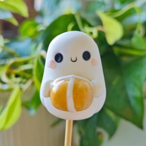 Ghost With Hot Cross Bun, Keychain, Charm, Plant Pot Accessory, Figurine, Sculpture, Trinket, Handmade Clay GiftHalloween, Autumn, Fall