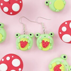 Little strawberry froggy earrings, polymer clay froggies, frog, froggo, Cute, Kawaii, dangle, Handmade jewellery, stud, fishhook, gift