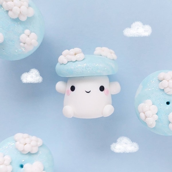 Cleo the cloudy little mushroom, Keychain, Keyring, Charm, Figurine, Novelty, Character, Cute, Kawaii, Gift, Desk buddy, Glitter, Sky