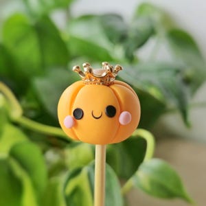 May include: A small orange pumpkin with a cute face and pink cheeks is wearing a gold crown. The pumpkin is on a wooden stick.