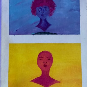 May include: A painting of two portraits. The top portrait is of a person with pink hair and a purple body against a blue background. The bottom portrait is of a person with a pink head and body against a yellow background.