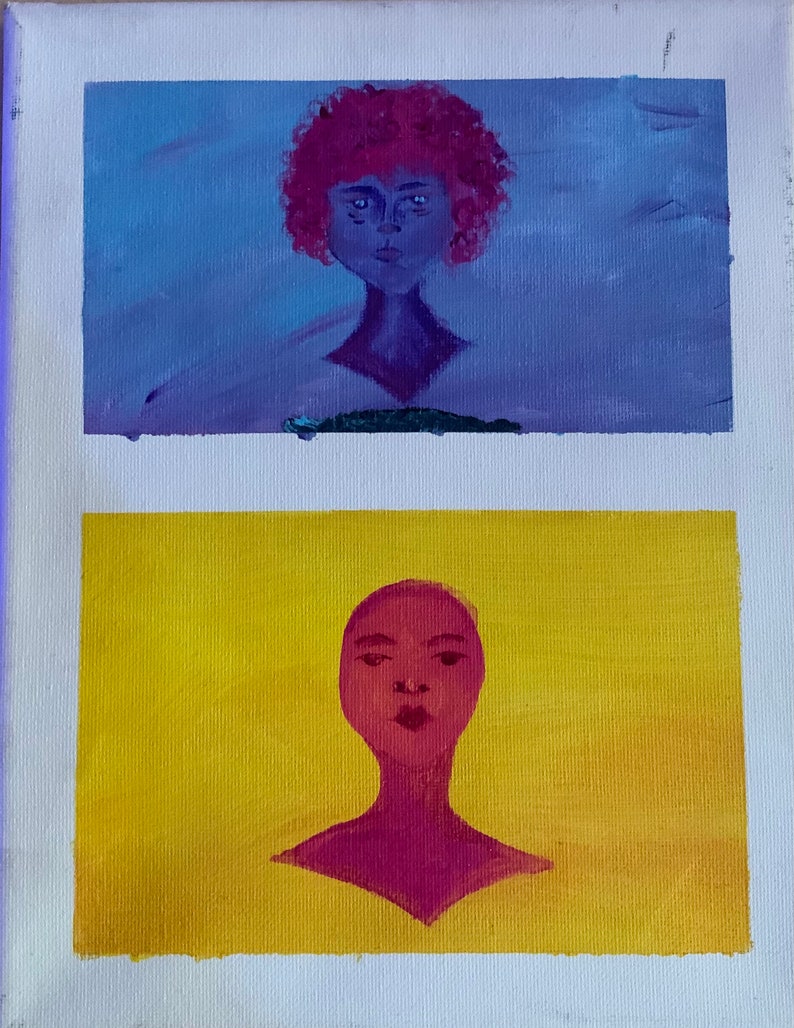 May include: A painting of two portraits. The top portrait is of a person with pink hair and a purple body against a blue background. The bottom portrait is of a person with a pink head and body against a yellow background.